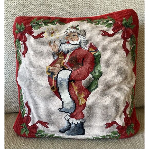 Vintage Steinwinder Needlepoint Christmas Santa Claus Pillow Bear Holly 13 x 13" - Picture 1 of 12